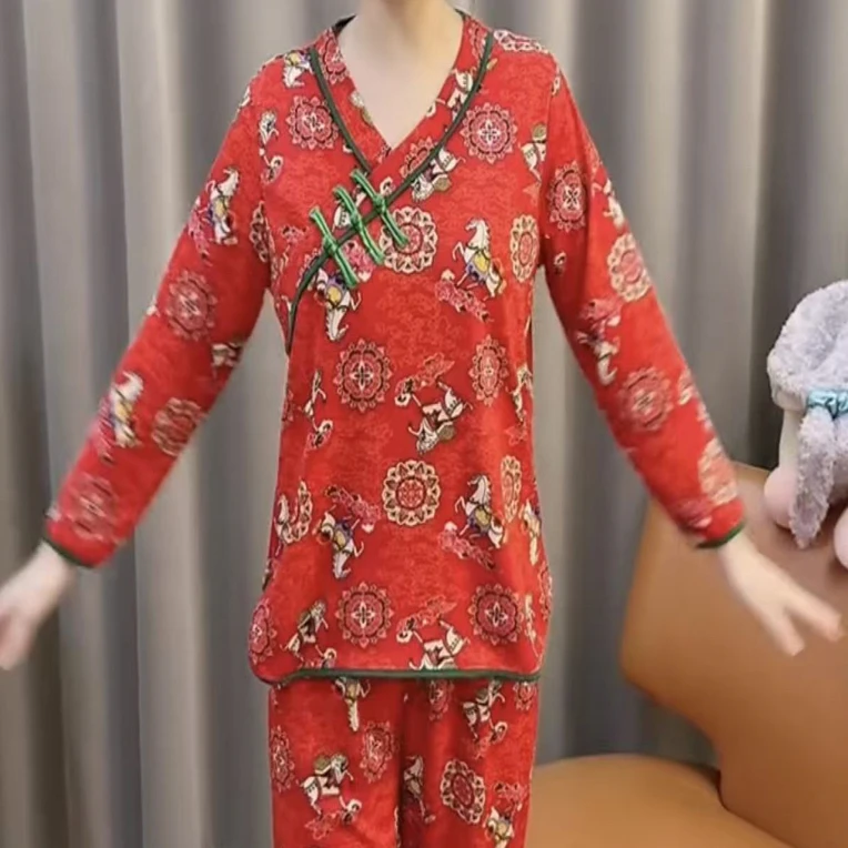 秋冬马年新款新中式盘扣磨毛保暖时尚文艺女士睡衣家居服套装
