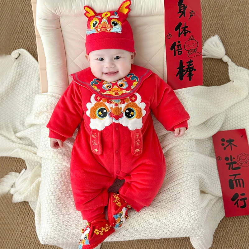 蛇年马年满月百天宝宝衣服周岁服婴儿连体衣秋冬夹棉哈衣红色5615