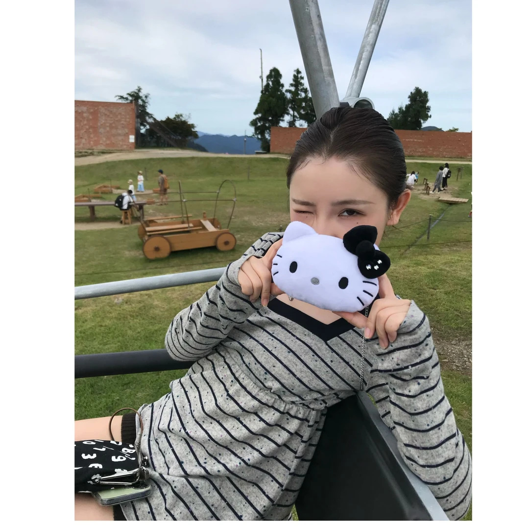NECY 方领撞色条纹长袖t恤女波点满印设计早秋显瘦娃娃衫卷边上衣