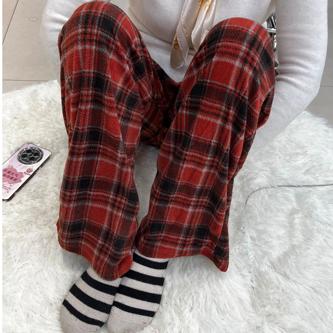 直筒红色复古格子裤子男女同穿高腰休闲宽松高腰显瘦拖地