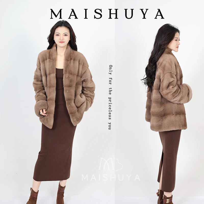 【阿飒】海宁品质100%毛大衣女全挖削横排水貂皮草女