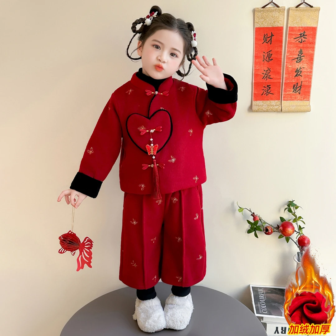 拜年服女童加绒汉服套装儿童新中式国风唐装女宝宝喜庆过新年衣服
