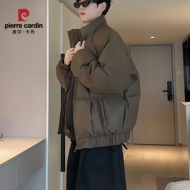 皮尔卡丹美式潮牌方格PU皮立领加厚棉服男生冬季短款立领九江面