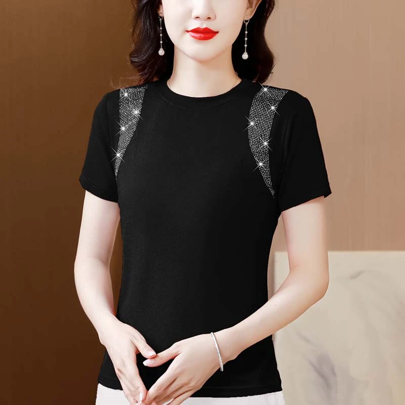 实拍夏季新款T恤女短袖圆领套头简约纯色超修身淑女烫钻显瘦上衣