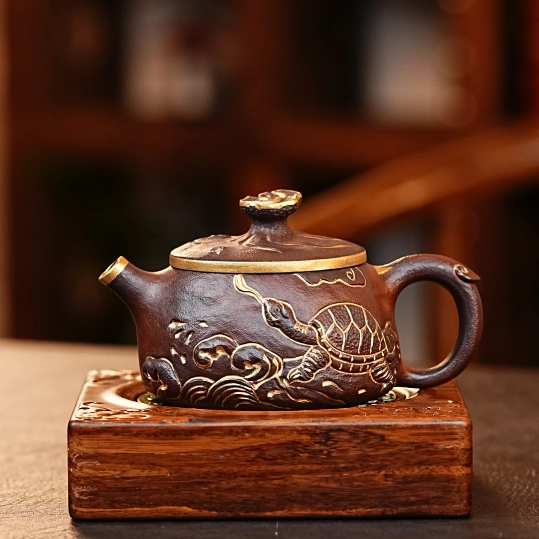 宜兴正宗紫砂金钱龟祥云盖茶壶手工紫砂壶紫砂茶器茶具网红茶器