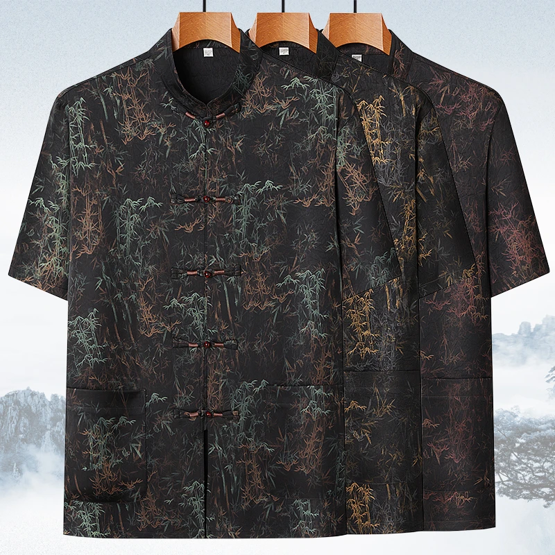 夏季薄款中老年唐装男短袖上衣中式爸爸装中国风老人爷爷冰丝衬衫