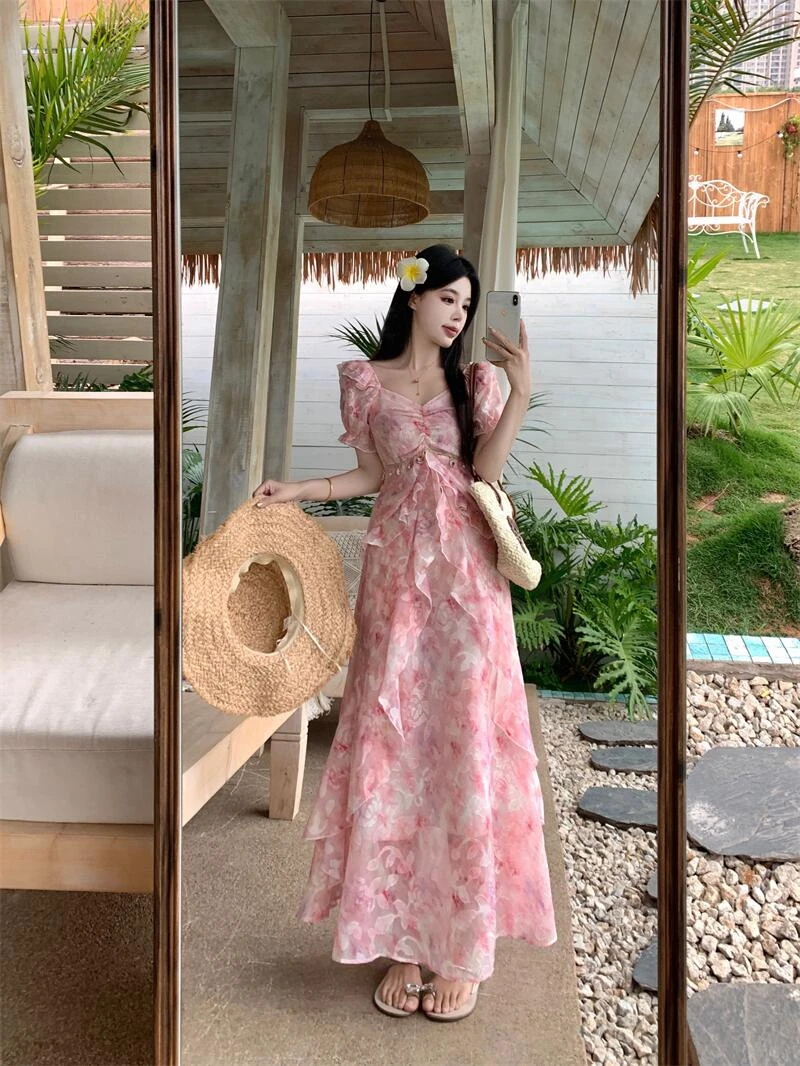 【金熙·SALAD】塞纳花房 明媚法式印花磨毛工艺粉色收腰浪漫连衣裙