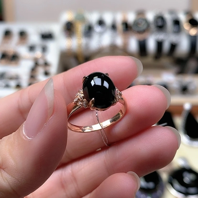 【闪购商品】翡翠戒指18K金镶嵌墨翠