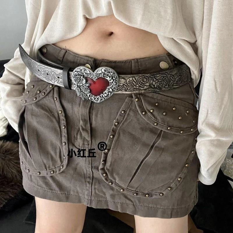 朋克风个性复古压花爱心腰带y2k辣妹百搭哥特暗黑皮带男女同款