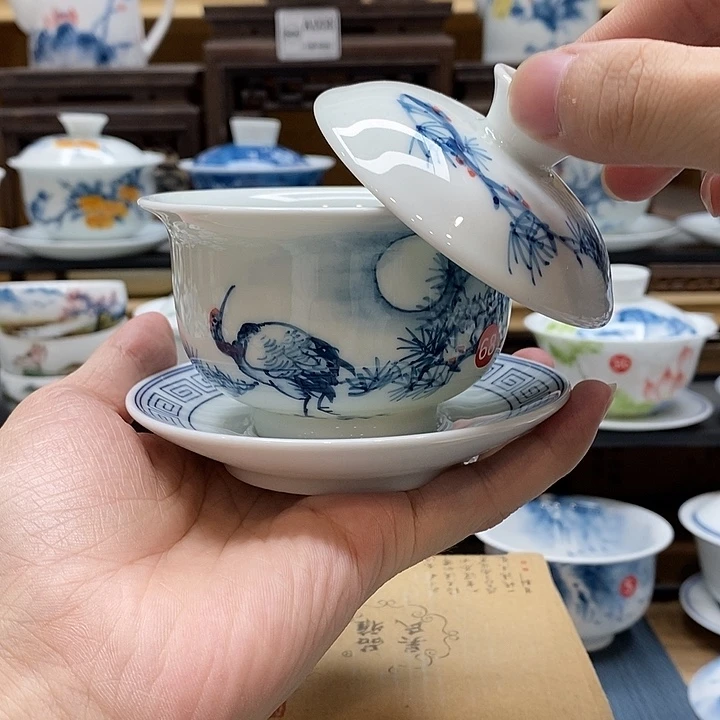 手绘松鹤盖碗160cc釉下彩微瑕福利款