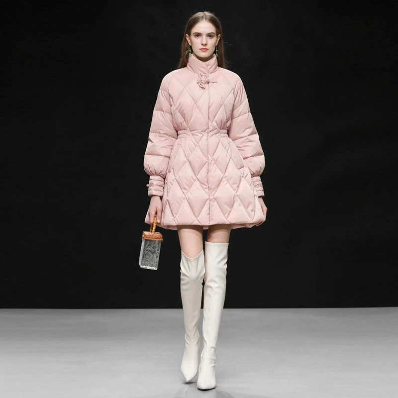 冬新款新中式国风提花立领灯笼袖收腰A摆加厚羽绒服外套女HC36295