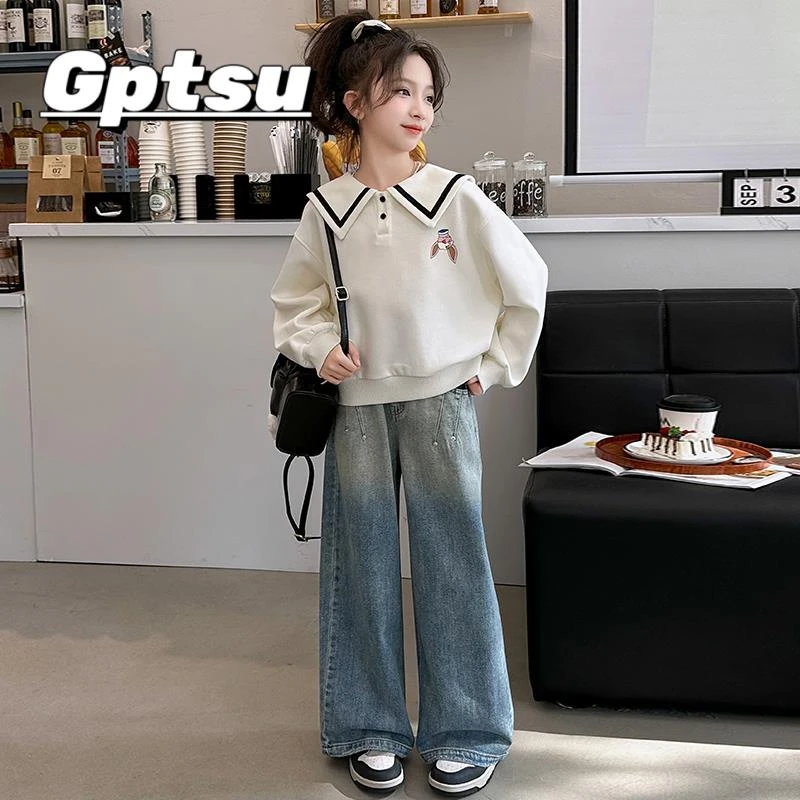 GPTSu女童春秋套装2025新款洋气童装海军领卫衣阔腿裤儿童两件套