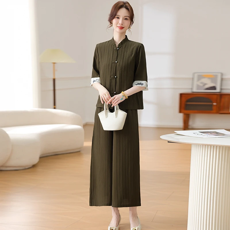 中老年女装夏季国风短袖套装妈妈新中式时尚宽松洋气阔腿裤两件套