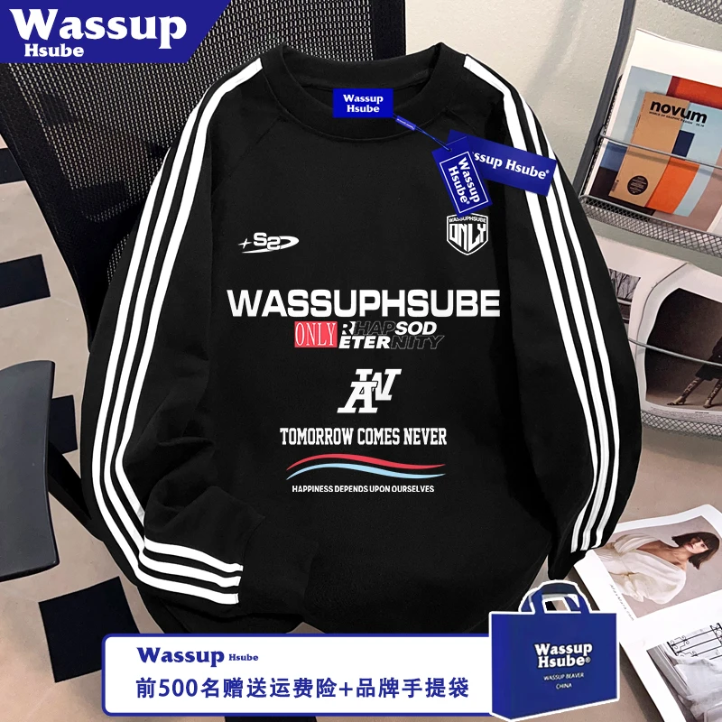 WASSUP HSUBE赛车风印花T恤100%棉新款长袖ins秋季男女三条杠上衣