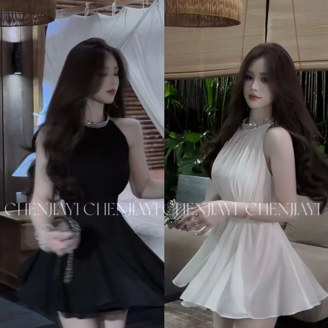 【JIAYI】富家千金重工露肩挂脖气质收腰连衣裙2720