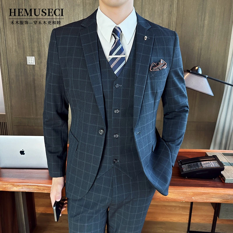高级痞帅男士西装帅气修身商务休闲英伦时尚格纹潮流四季青年西服