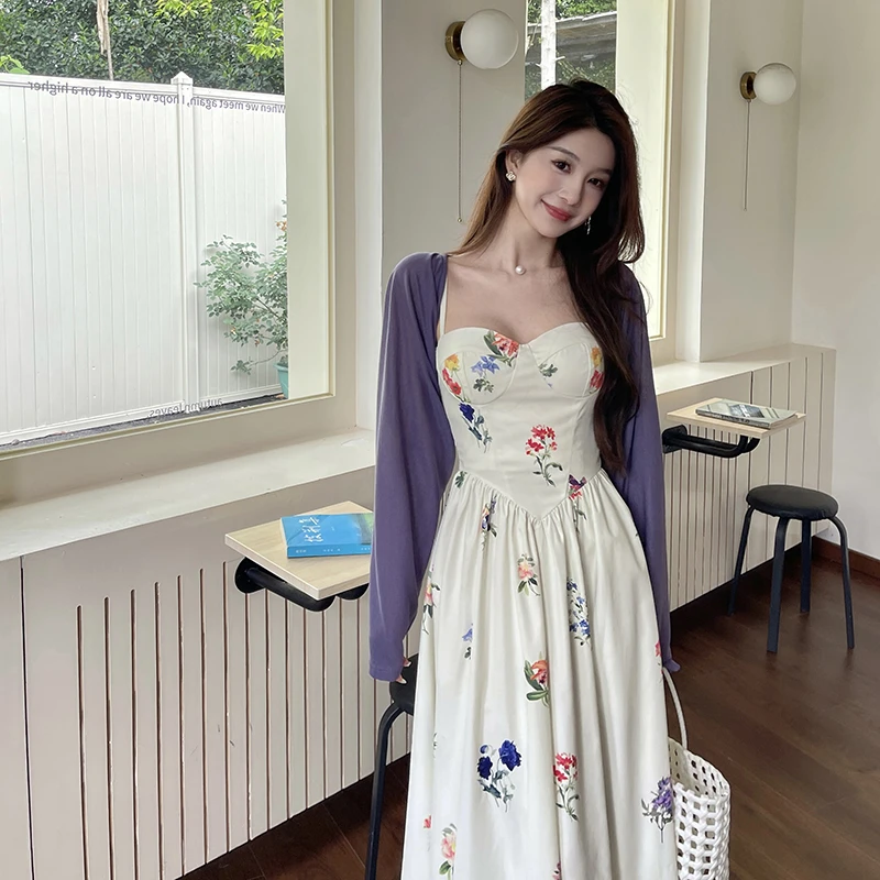 法式海边吊带花朵连衣裙套装优雅气质约会收腰显瘦A字长裙开衫