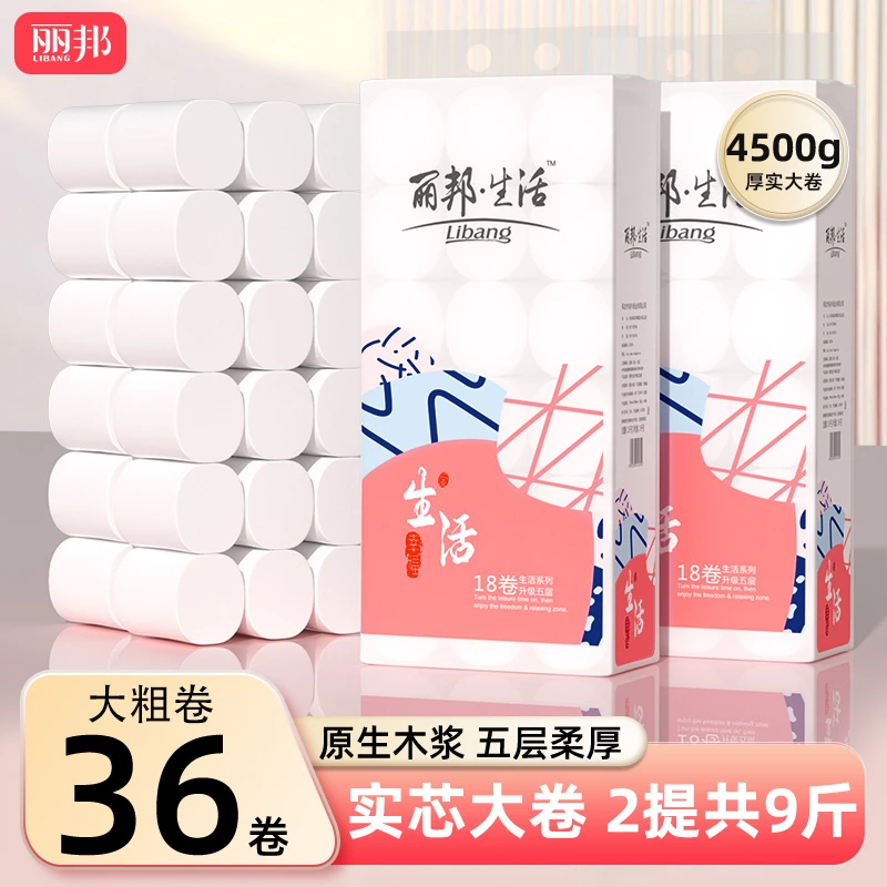 丽邦生活5层卷纸18卷4.5斤*2提柔厚耐用大卷家用母婴CJD