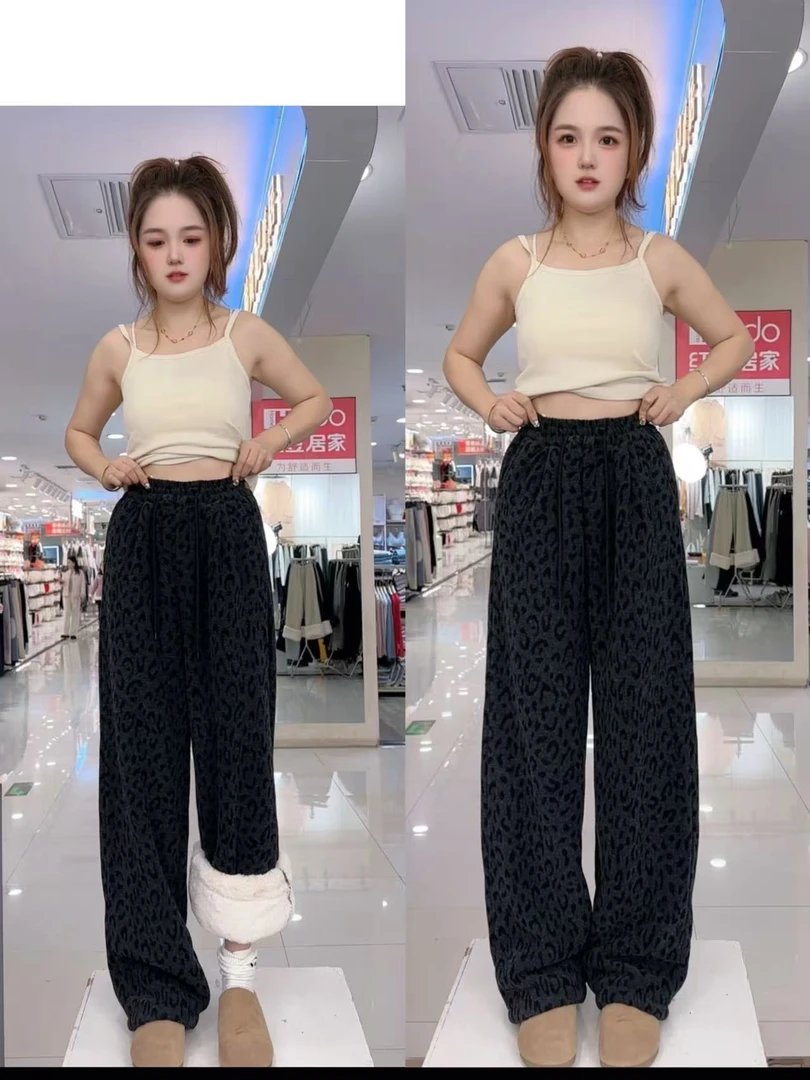 （年款)2025新款亲子毛巾羊绒豹纹仿兔毛直筒长裤高腰显瘦一条过冬