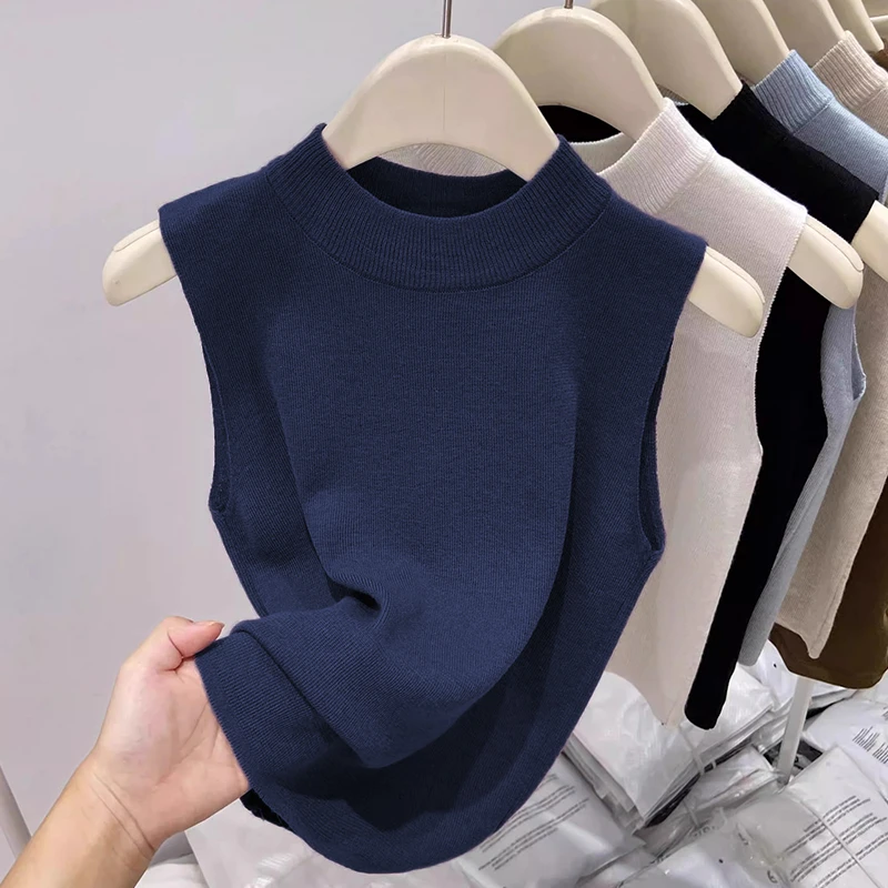 高级感绝美无袖针织背心女冰丝短款2025夏新款气质蓝色上衣超好看