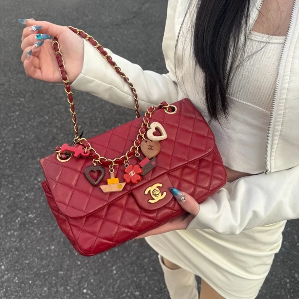 95新 Chanel/香奈儿 香奈儿暗红色羊皮金扣cf中号斜挎包单肩包