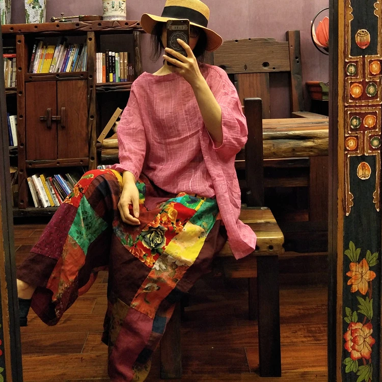 新中式复古麻料手工拼布直筒八分裤拼布随机宽松休闲民族风文艺