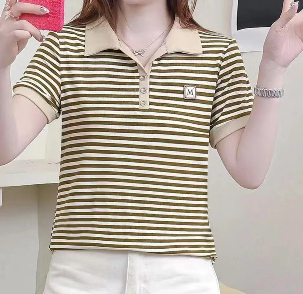 2025夏季新款]夏季时尚休闲条纹polo领短袖遮肉透气t恤女
