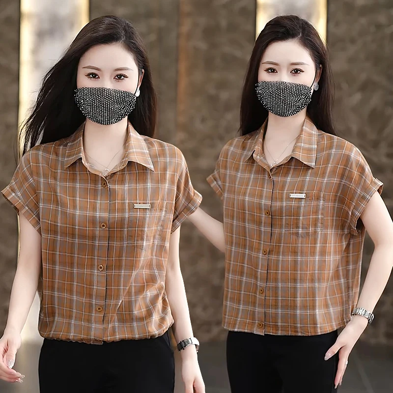 格子短袖衬衫女装2025夏季韩版时尚宽松显瘦上衣减龄洋气小衫5542