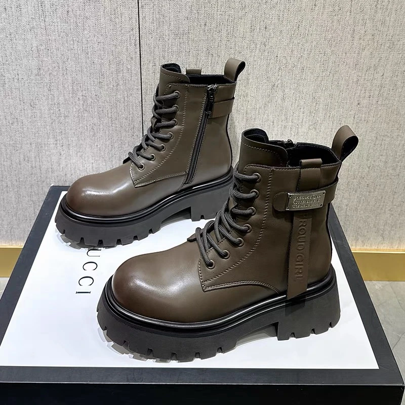 马丁靴女2024冬季新款粗跟中筒女靴子厚底百搭加绒英伦风短靴3012