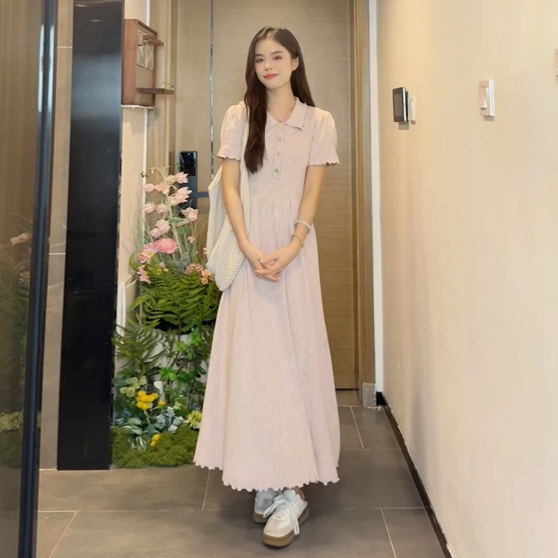 学院风polo领粉色短袖连衣裙子女2025夏季新款高级感法式气质长裙