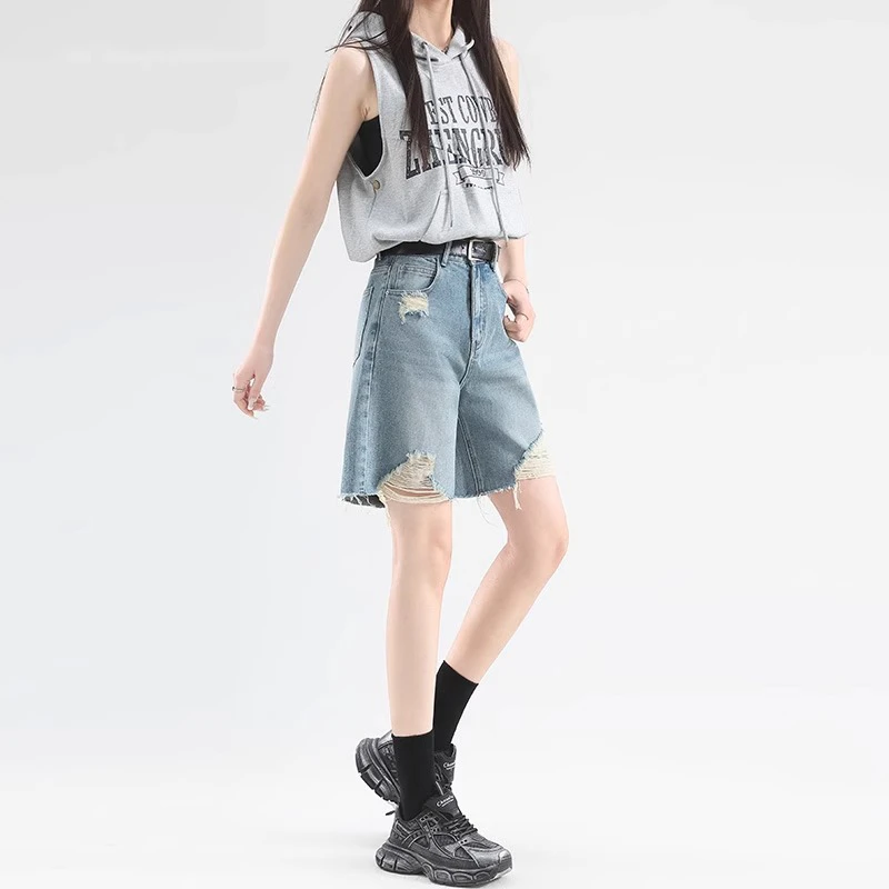 拉夏贝尔高腰牛仔短裤女爆款2025新款秋季时尚洋气破洞阔腿五分裤