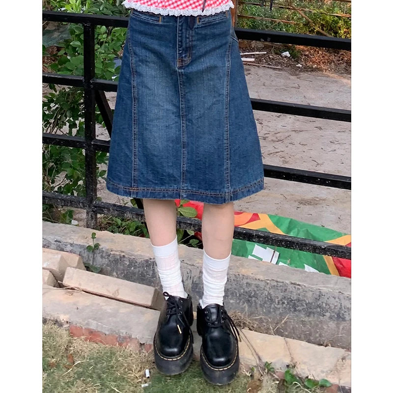 【青仓价】橘子树在哪儿显瘦百搭a字裙女春夏复古竹节牛仔半身裙