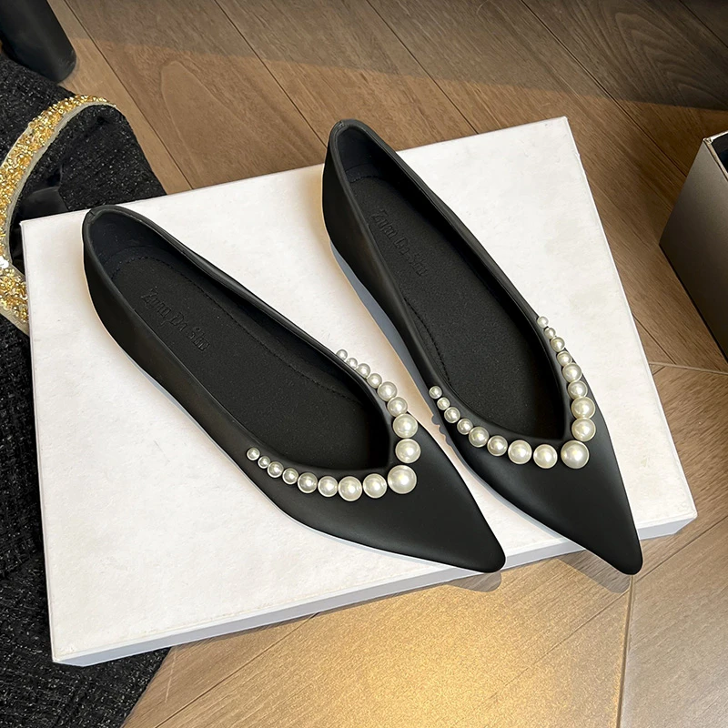 小香风尖头珍珠单鞋女2025春季新款浅口百搭内增高平底鞋大码女鞋