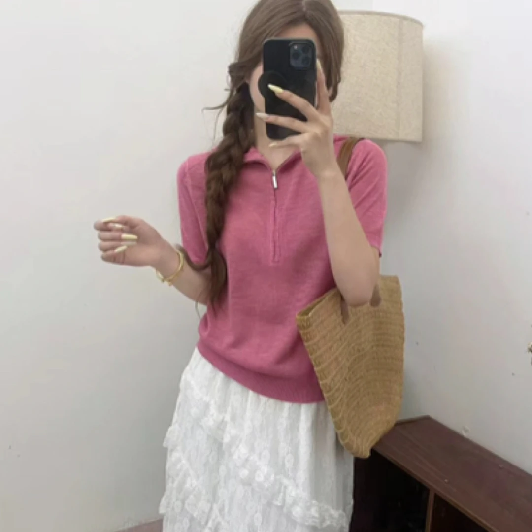 靓丽阁镂空钩花帽子半开拉链套头短袖帽衫2025夏休闲薄款针织衫