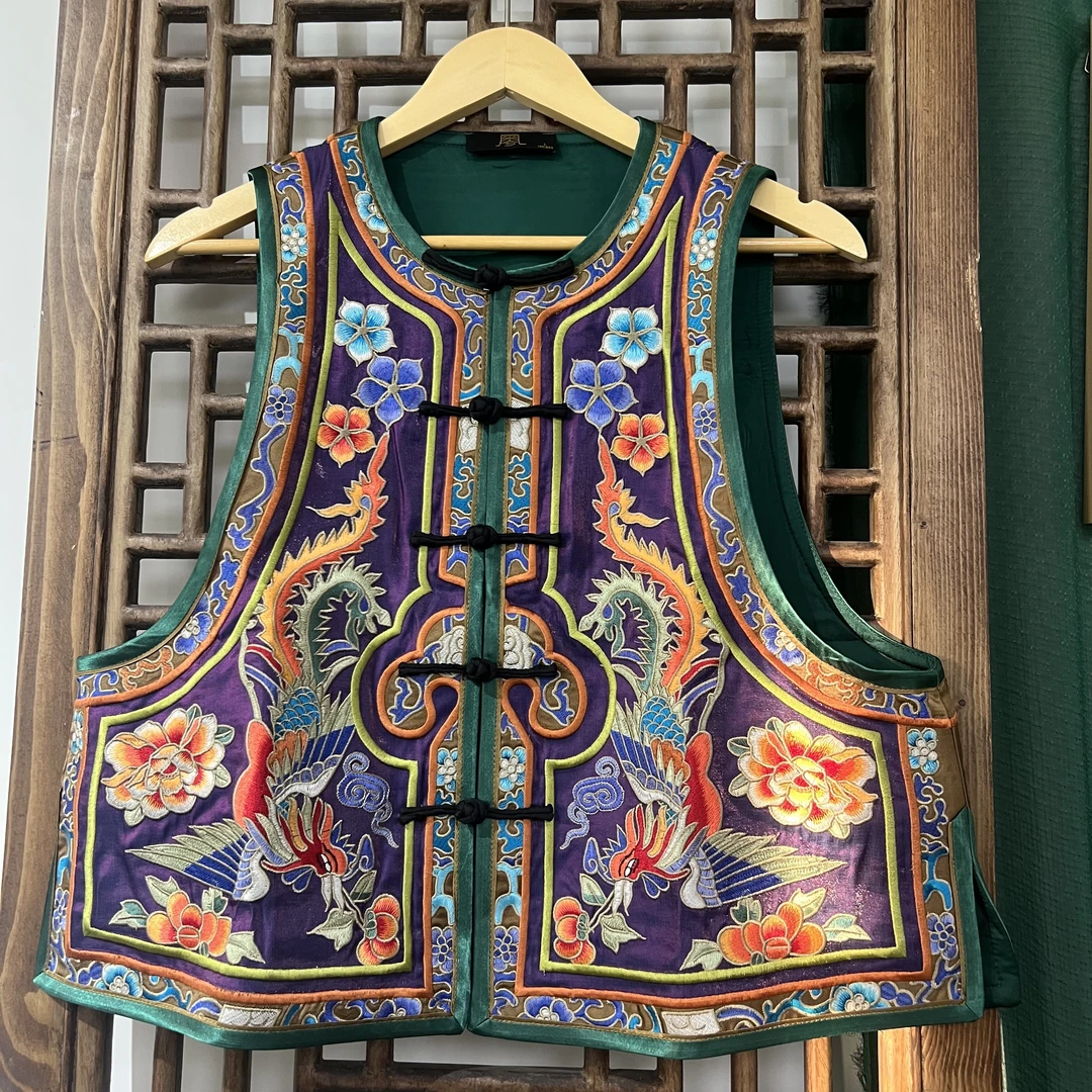 （HM101078）凤徕兮私人定制紫底图腾花凤刺绣对襟盘扣圆领短马甲