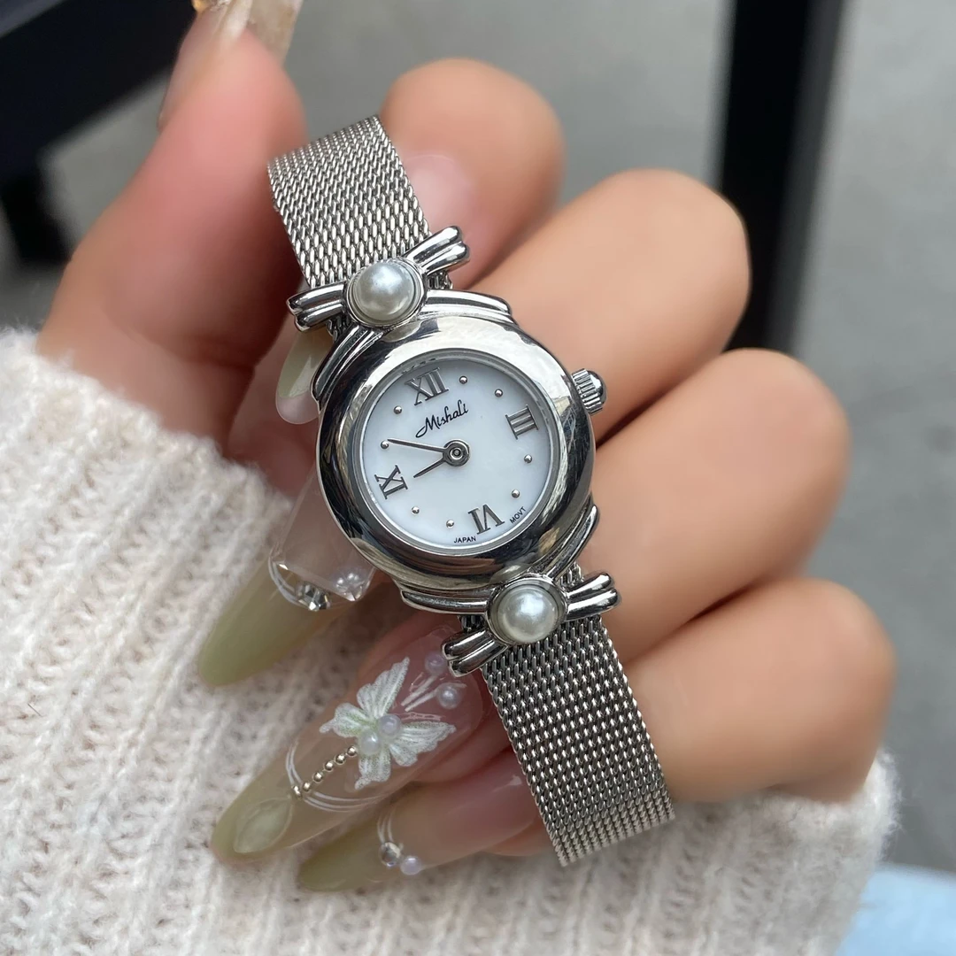 LIGHT 迷你《小圆盘》网带珍珠高级银白小众设计感石英女表