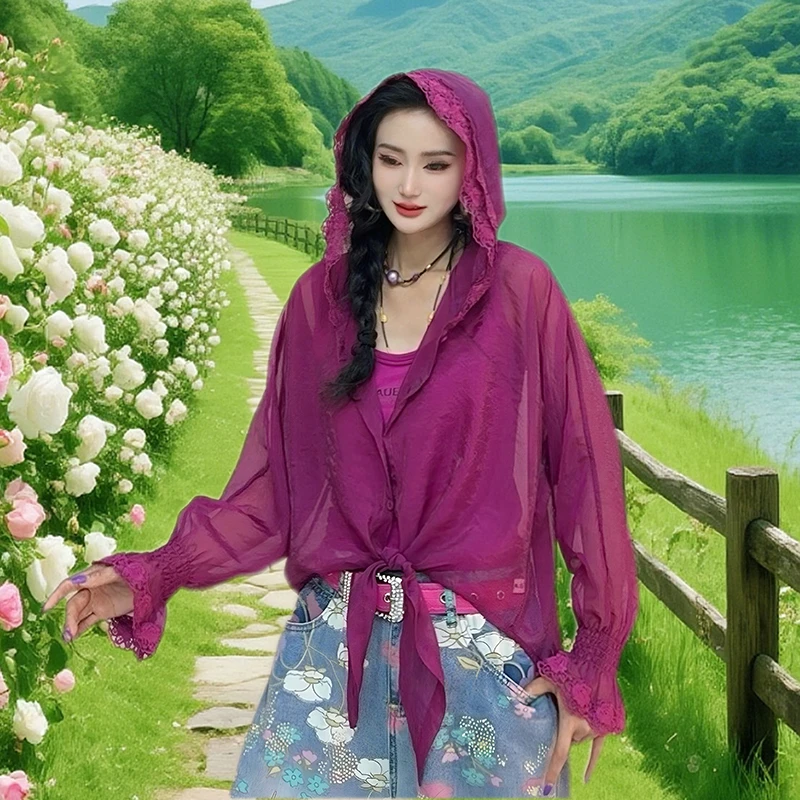 新款蕾丝花边连帽防晒衬衫女士大码胖mm宽松设计感薄款衬衣-9703