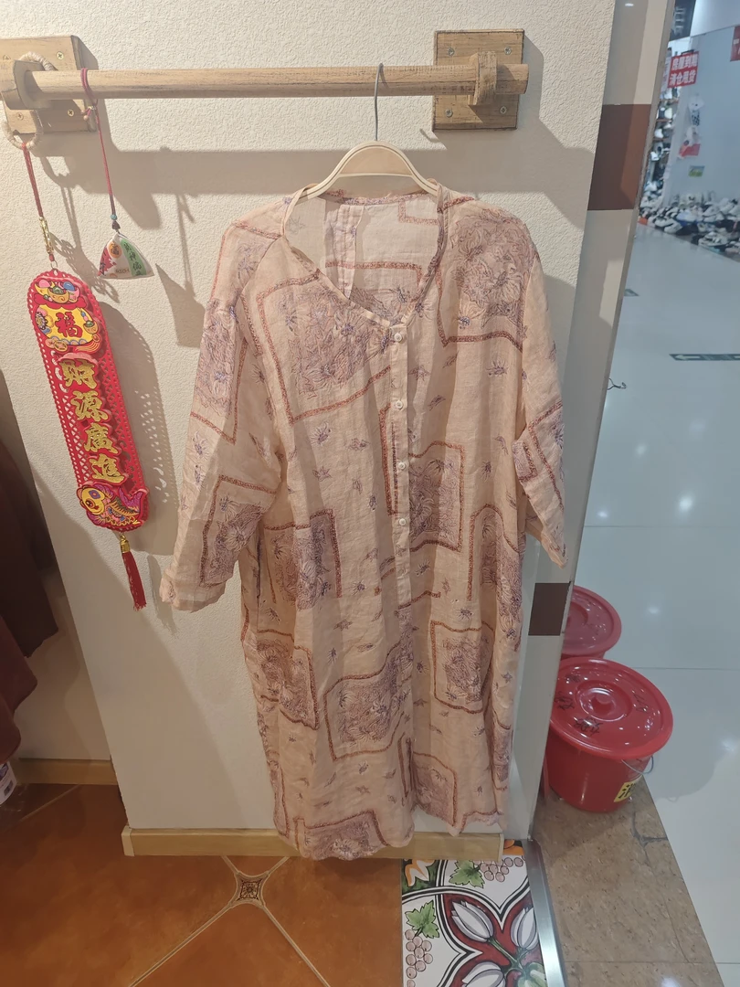 女士中长款国风长袖开衫薄款纱质家居睡裙春夏秋休闲