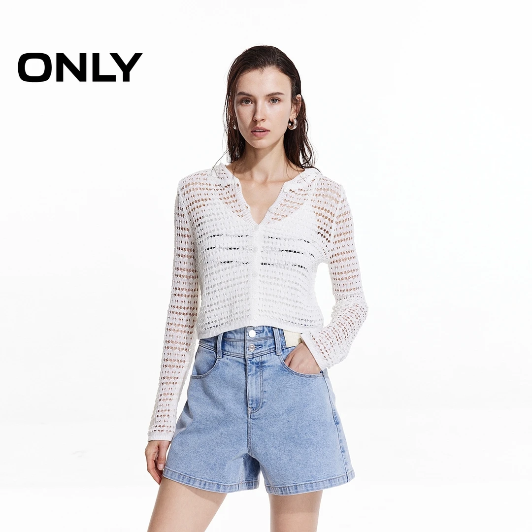 ONLY春游出行新品短款纯色连帽长袖清透开衫针织衫女|12513A012