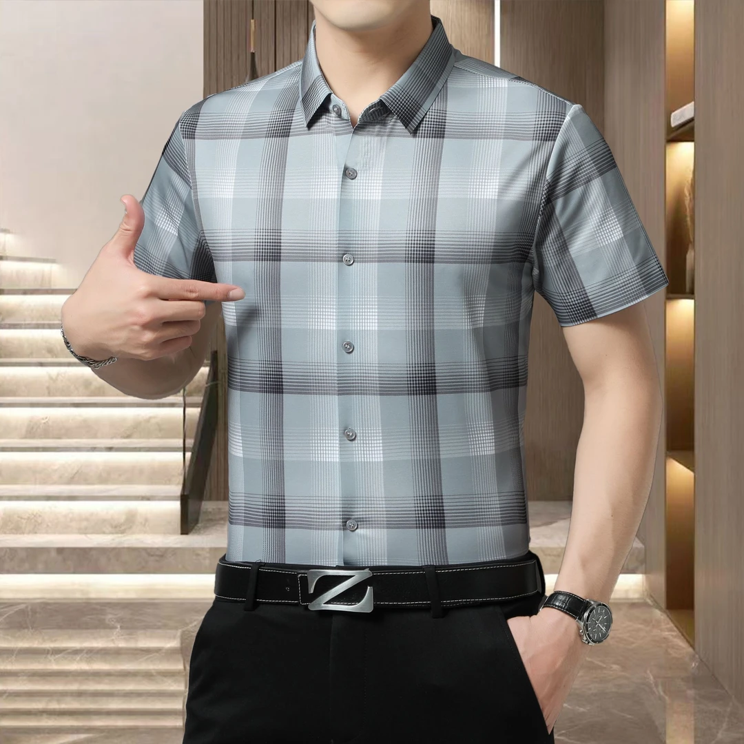 格子232含亚麻棉衬衫短袖中年男士商务休闲时尚
