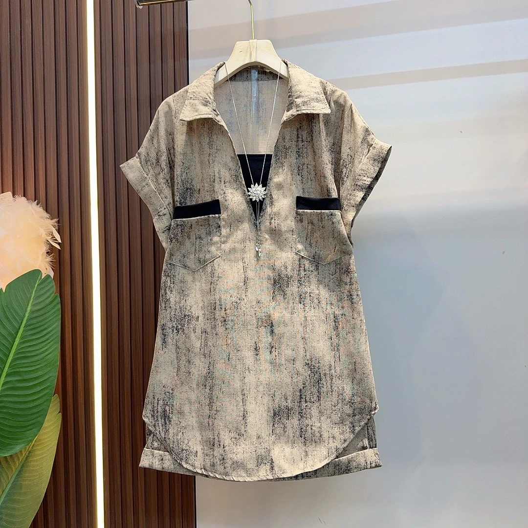 2025夏季新款时尚套装通勤风做旧设计翻领宽松百搭大衫+短裤876