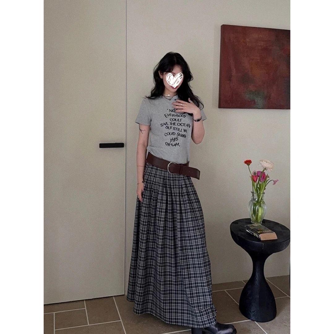 韩系格纹百褶裙女设计感百搭复古高腰半身裙显瘦A字伞裙夏慵懒风