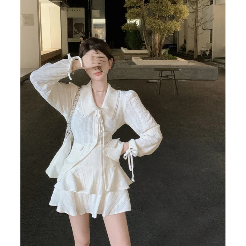 法式长袖衬衫女春季修身收腰衬衣套装甜美蛋糕a字半身短裙两件套