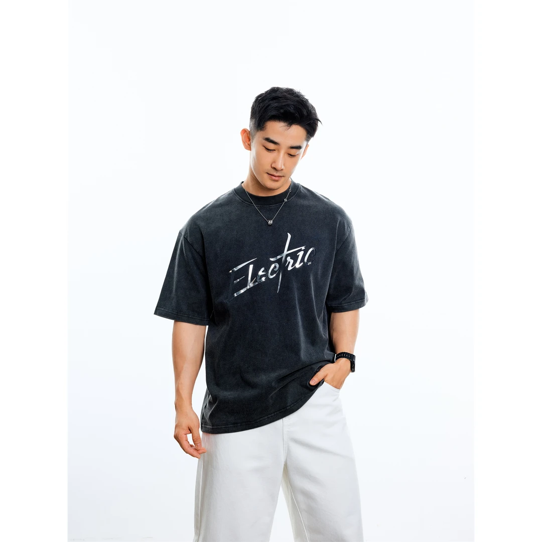 博衣社【重磅反光字母T恤】320g新品休闲宽松做旧水洗纯棉圆领短袖