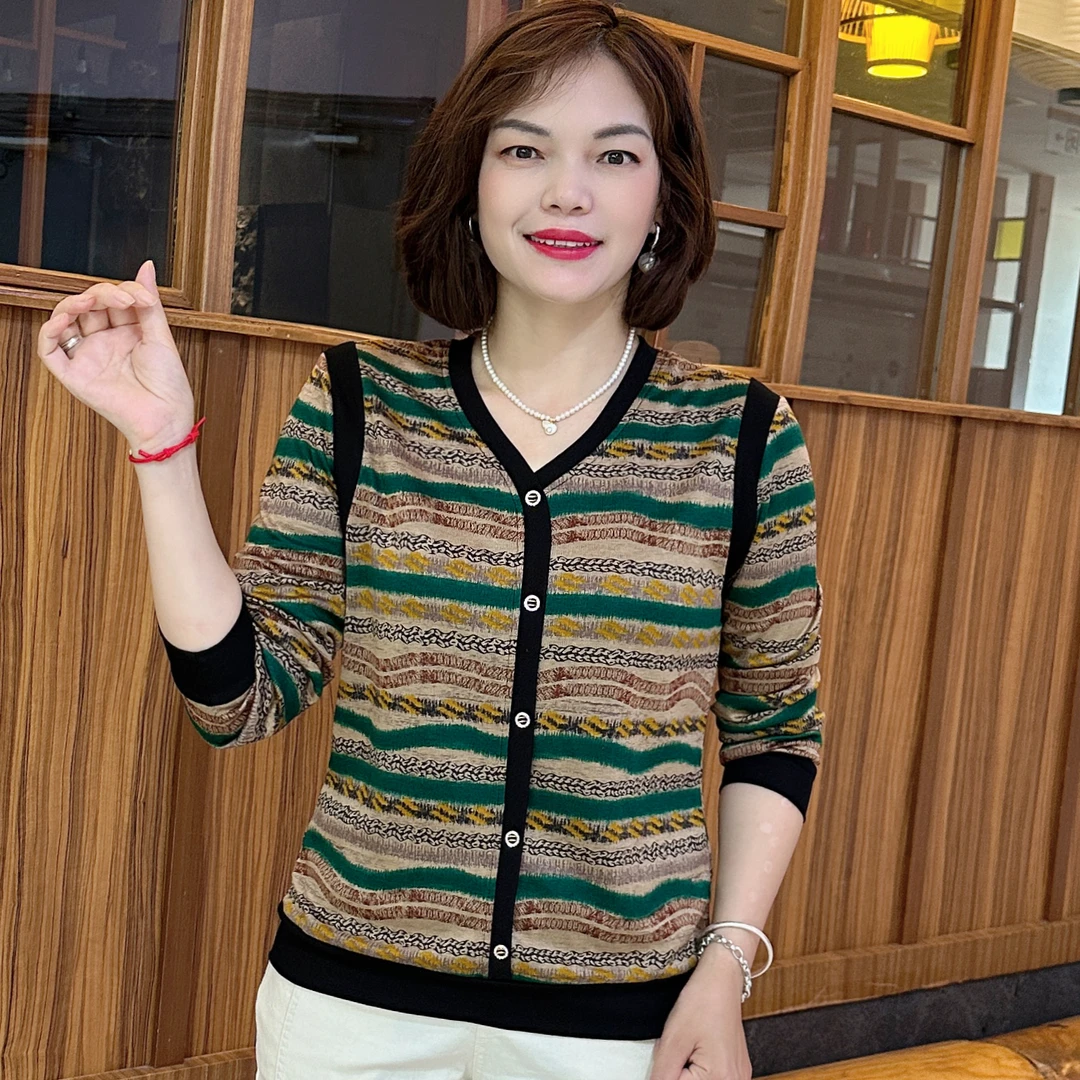 秋季新款时尚洋气休闲条纹中老年气质妈妈装宽松显瘦长袖上衣X820