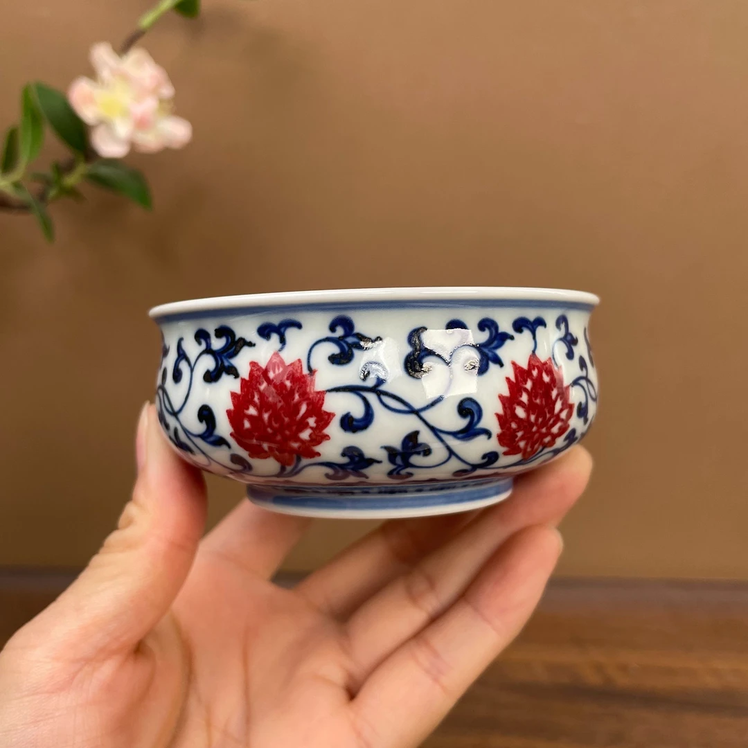 【望月御品】青花釉里红缠枝莲矮炉式杯 100cc手工手绘景德镇茶具