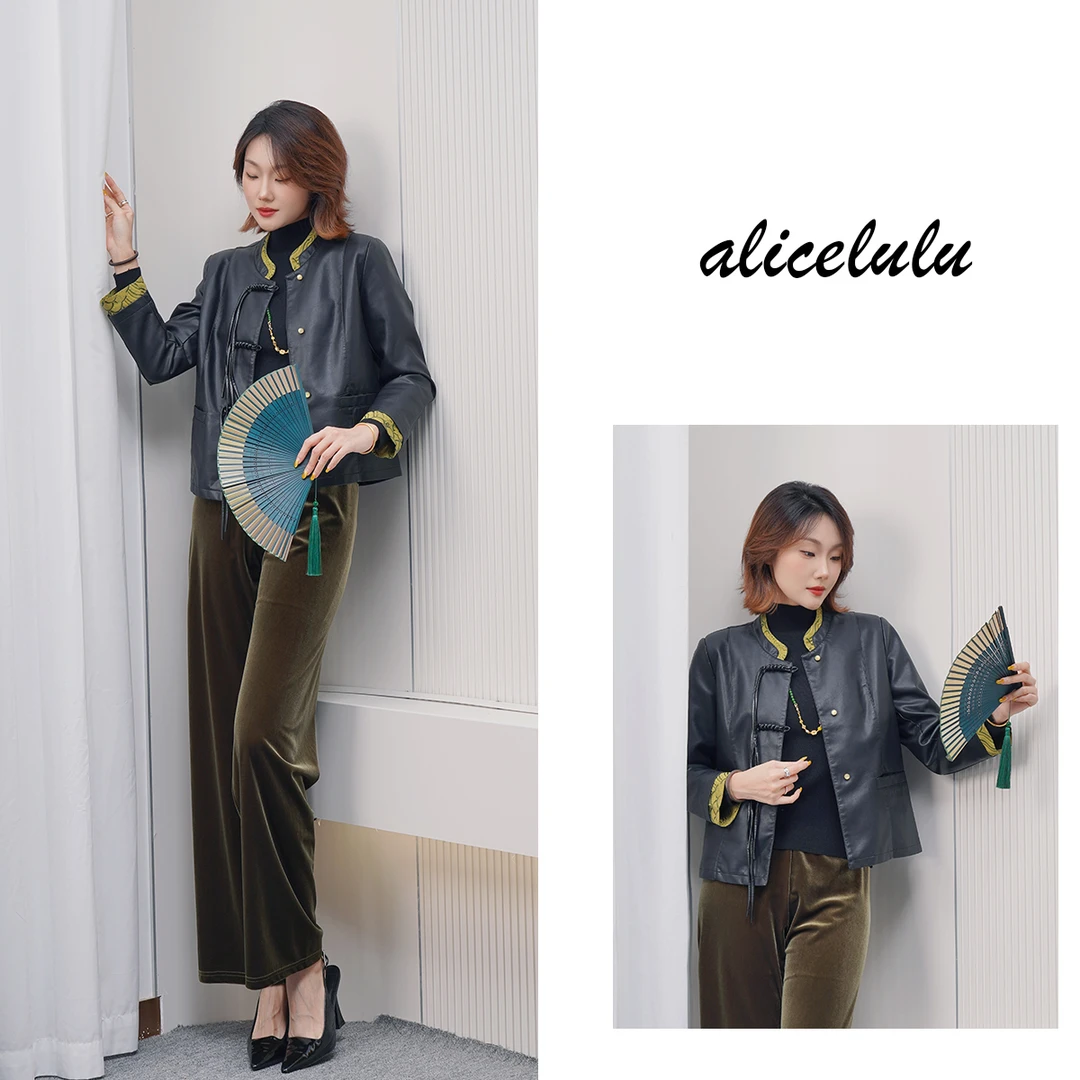 [alicelulu] 立领拼色中式流苏盘扣皮衣外套S2144913Ur