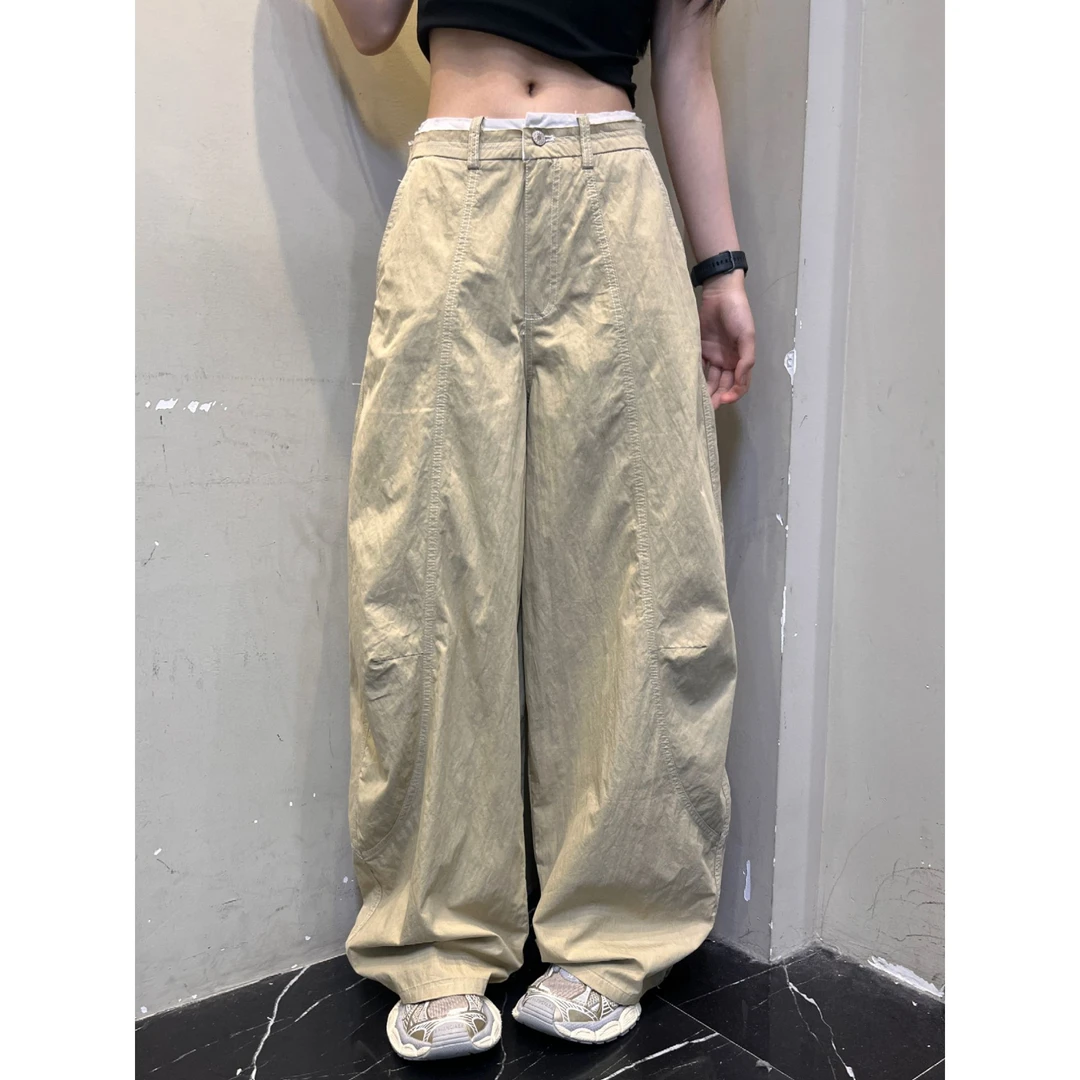 范范与凡凡【松弛气场】美式复古简约皱皱感廓形拼接腰头设计弯刀裤