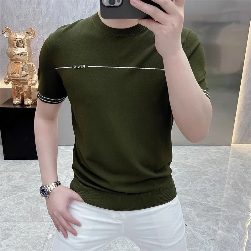 男士高品质针织短袖时尚潮流半袖针织冰丝短袖t恤M305修身网红