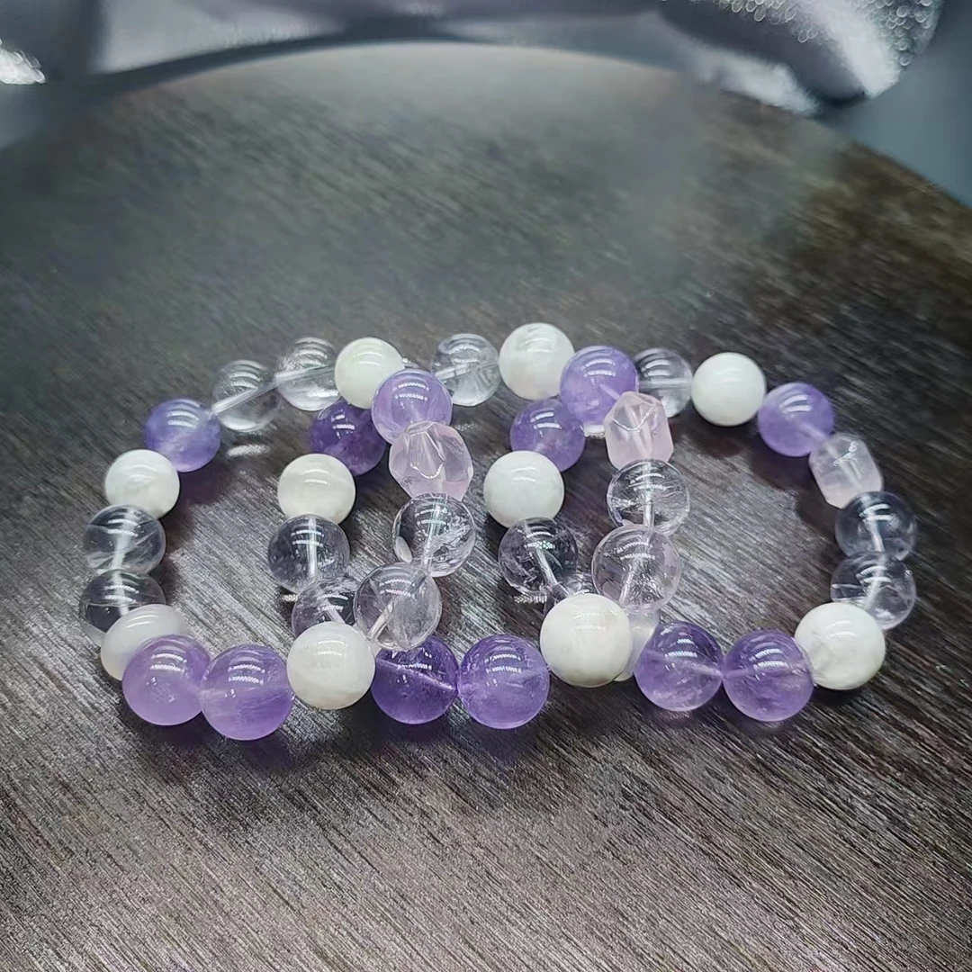 硕夏天然紫水晶13-14mm+白水晶设计款手链多样性发其一SX0648